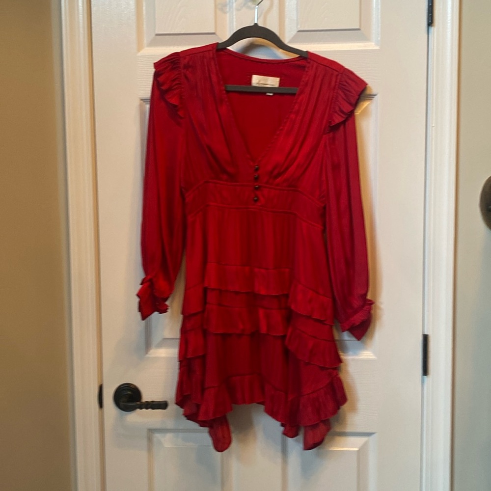 Anthropology Red V neck dress with ruffles size XSP